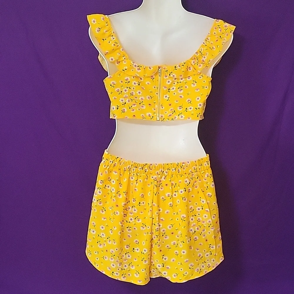 Shein mustard yellow pink floral off shoulder 2 piece set - Picture 5 of 15